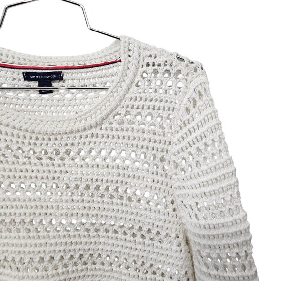 Tommy Hilfiger Women's White Crew Neck Crochet Open Knit Sweater - Picture 4 of 8
